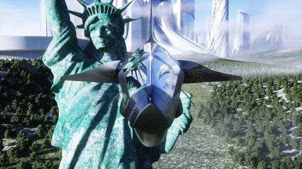 istock futuristic spaceship and statue of liberty. Future concept. Aerial view. 1293375340