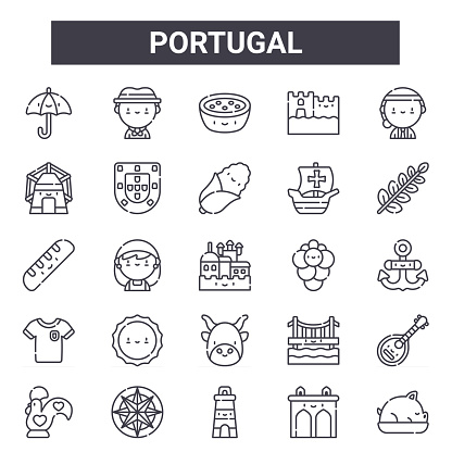 portugal outline icon set. includes thin line icons such as umbrella, windmill, grapes, bridge, aguas livres, gazpacho, leito da bairrada, corn. can be used for report, presentation, diagram, web