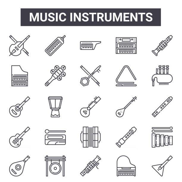 ilustrações, clipart, desenhos animados e ícones de instrumentos de música esboçam conjunto de ícones. inclui ícones de linha fina como violoncelo, cravo, tanbur, flauta, piano de cauda, keytar, balalaika, erhu. pode ser usado para relatório, apresentação, diagrama, web e - erhu