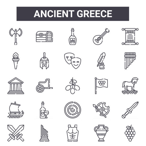 古代ギリシャのアウトラインアイコンセット。このような斧、トーチ、オリンピック、シールド、アンフォラ、オリーブオイル、ブドウ、劇場などの細い線のアイコンが含まれています。レ� - olympic torch点のイラスト素材／クリップアート素材／マンガ素材／アイコン素材
