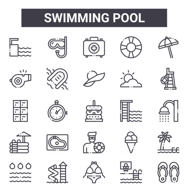 ilustraciones, imágenes clip art, dibujos animados e iconos de stock de conjunto de iconos de contorno de la piscina. incluye iconos de línea delgada como trampolín, silbato, trampolín, helado, baloncesto, botiquín de primeros auxilios, chanclas, sombrero pamela. puede ser utilizado para el informe, - diving board