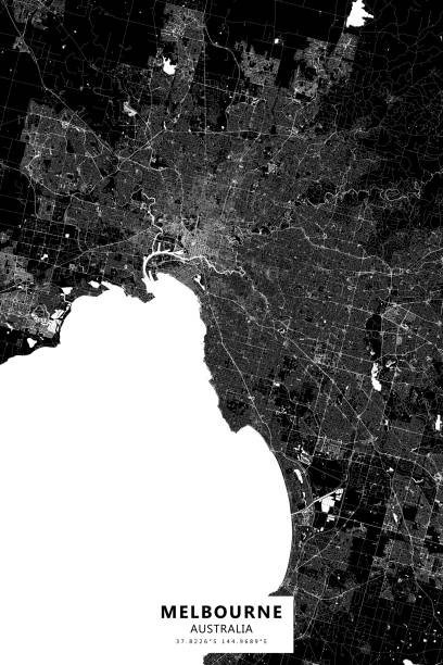Melbourne, Victoria, Australia Vector Map Poster Style Topographic / Road map of Melbourne, Victoria, Australia. Original map data is open data via © OpenStreetMap contributors. All maps are layered and easy to edit. Roads are editable stroke. melbourne street map stock illustrations