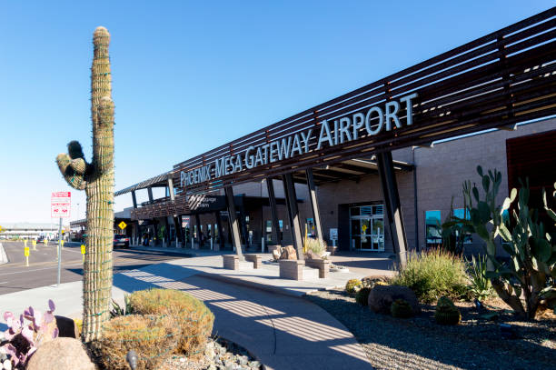 Entrance to the Mesa Phoenix Gateway Airport December 26, 2020 - Mesa, Arizona, USA: This is the front entrance to the Mesa Phoenix Gateway Airport, located in Mesa, Arizona.  This is a newly renovated, regional airport with about 10 gates. mesa arizona stock pictures, royalty-free photos & images