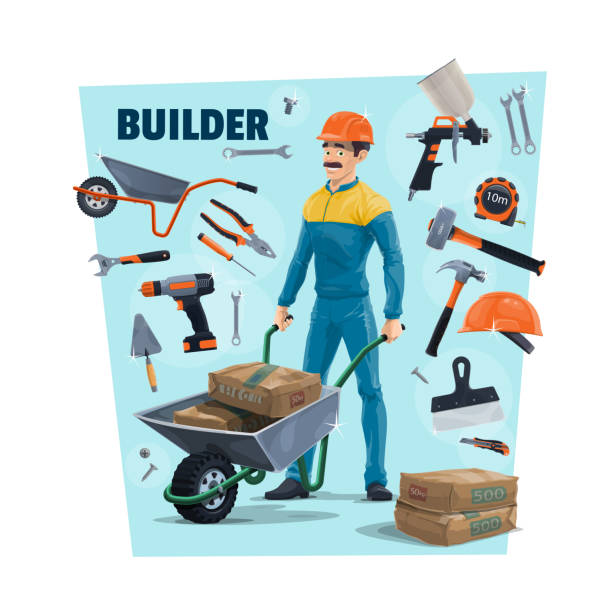 Builder, construction worker and tools Builder, construction worker and tools. Cartoon vector builder carrying a cement in wheelbarrow, sprayer and hammer, measuring tape, screwdriver and trowel, knife and wrench, pliers and scraper sack barrow stock illustrations