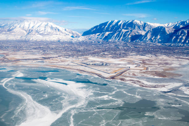 winter view of provo airport and utah valley - provo imagens e fotografias de stock