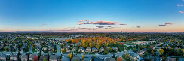 Photo of Aerial view of Rutherford road and Islington Ave., detached and duplex house at Woodbridge in Vaughan, Ontario, Canada