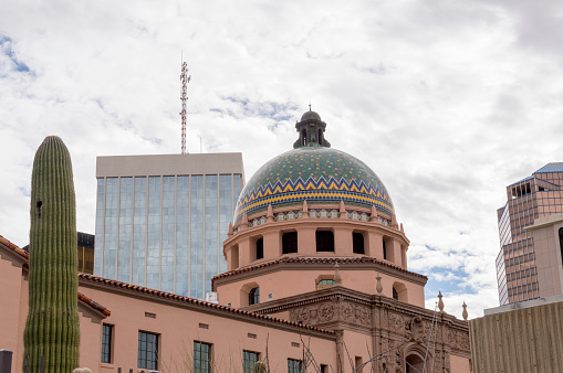 December 25, 2020 - Tucson, Arizona, USA: This shot shows the dome of the Presidio and surrounding tall buildings in downtown Tucson, Arizona.  The Presidio has been restored and is a symbol of the city of Tucson.