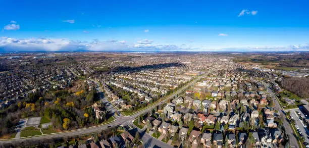 Photo of Aerial view of Rutherford road and Islington Ave., detached and duplex house at Woodbridge in Vaughan, Ontario, Canada