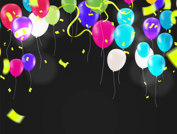 powitanie projektu kolorów balonu z realistycznych latających balonów helu. uroczystość, tło festiwalu, baner z życzeniami, kartka, plakat. - birthday birthday card airplane banner stock illustrations