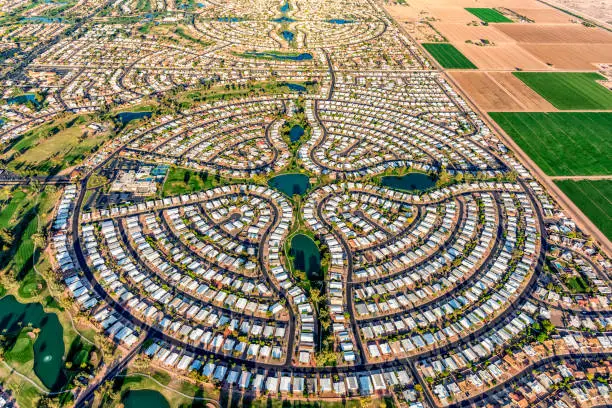 Aerial view of the shapes created by this master planned suburban community in Chandler, Arizona, just outside of Phoenix.