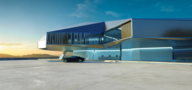 Modern building exterior and brandless electric EV car. 3d rendering