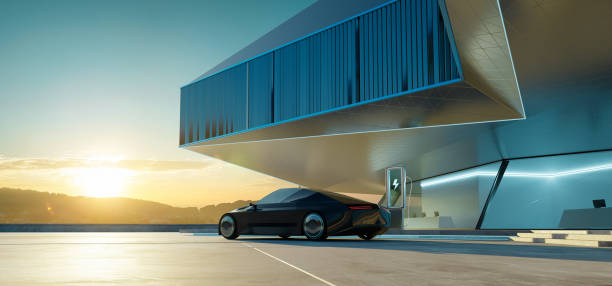 istock Modern building exterior and brandless electric EV car. 3d rendering 1293396736