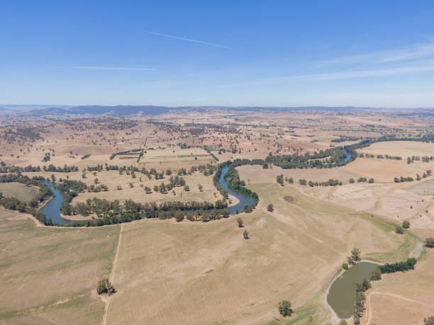 Panoramic high angle aerial drone view of rural New South Wales, Australia, near the town of Gundagai on a sunny day. Gentle hills, a country road and the Murrumbidgee River in the background. Panoramic high angle aerial drone view of rural New South Wales, Australia, near the town of Gundagai on a sunny day. Gentle hills, a country road and the Murrumbidgee River in the background. downunder stock pictures, royalty-free photos & images