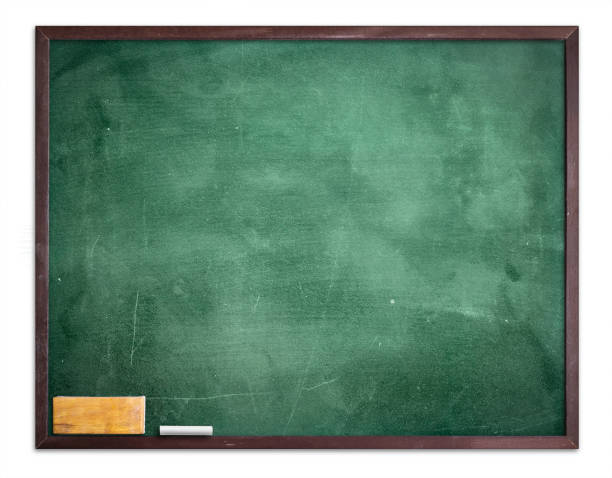 istock Empty green chalkboard with eraser and white chalk hang on the wall isolated on white background 1293409570
