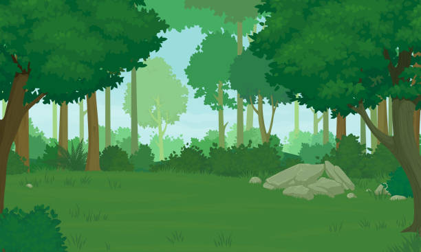 Cartoon forest landscape. Deciduous trees with lush foliage, thick shrubs, rocks and green grass. Summer or spring day illustration. Vector. Cartoon forest landscape. Deciduous trees with lush foliage, thick shrubs, rocks and green grass. Vector. Summer or spring day illustration. woodland stock illustrations