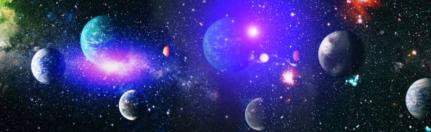 istock Panorama view universe space. Cosmic landscape, beautiful science fiction wallpaper with endless deep space. Elements of this image furnished by NASA 1293412551