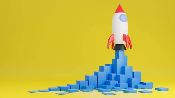 istock Rocket ship flies up with finance graph chart on yellow background.Business startup concept.3d model and illustration. 1293413476