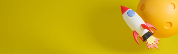 istock Rocket ship flies up with moon on yellow background.Business startup concept.3d model and illustration. 1293413477