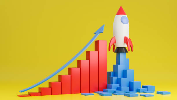 istock Rocket ship flies up with finance graph chart on yellow background.Business startup concept.3d model and illustration. 1293413482