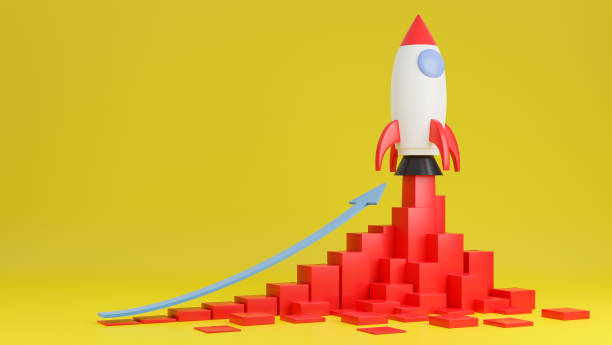 istock Rocket ship flies up with finance graph chart on yellow background.Business startup concept.3d model and illustration. 1293413487