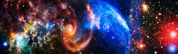 istock Panorama view universe space. Cosmic landscape, beautiful science fiction wallpaper with endless deep space. Elements of this image furnished by NASA 1293413635