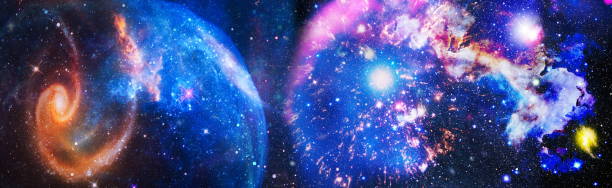 istock Panorama view universe space. Cosmic landscape, beautiful science fiction wallpaper with endless deep space. Elements of this image furnished by NASA 1293413646