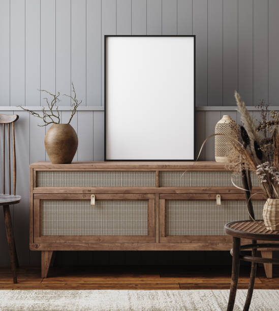 istock Mock up frame in grey living room interior, farmhouse style 1293413829