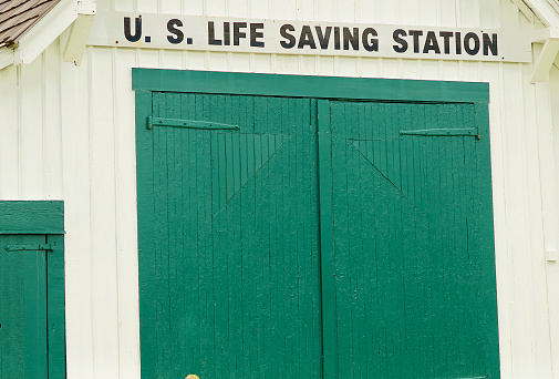 Lewes, Delaware / USA - September 18, 2017: Close-up of the historic Lewes Life Saving Station, built in 1884, that now serves as a museum.