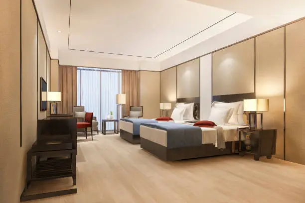 3d rendering luxury bedroom suite in resort high rise hotel with twin bed