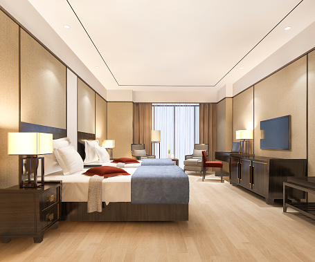 3D RENDER OF MODERN HOTEL ROOM, 360 DEGREES VIEW