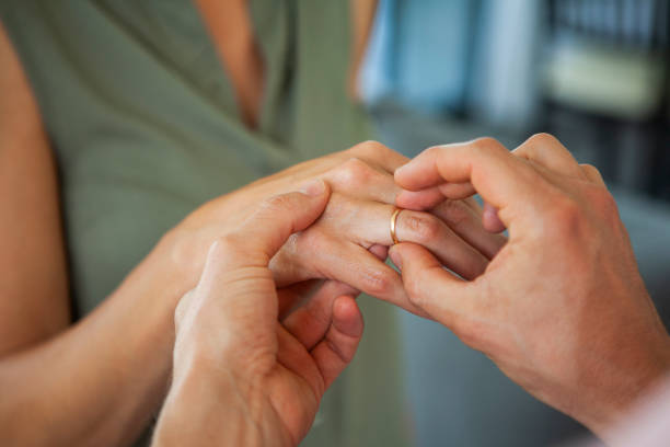 istock Man putting ring to woman finger 1293416701