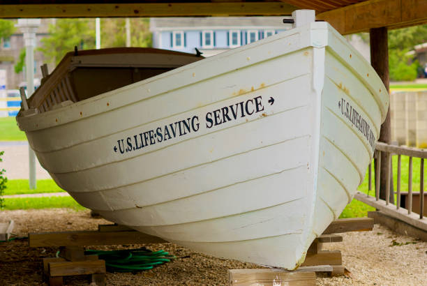 Lewes, Delaware / USA - September 18, 2017: Close-up of a historic U.S.  Life Service boat at the Lewes Life Saving Station, built in 1884, that now serves as a museum.