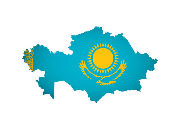 Vector isolated illustration with Kazakhstan flag (with gold sun, steppe eagle and national ornamental pattern) on Kazakh map (simplified). White background Vector isolated illustration with Kazakhstan flag (with gold sun, steppe eagle and national ornamental pattern) on Kazakh map (simplified). Volume shadow on the map. White background steppe eagle aquila nipalensis stock illustrations