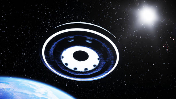 レトロな Ufo 宇宙船深い空間でソーサーを飛んで惑星と星と宇宙で飛ん