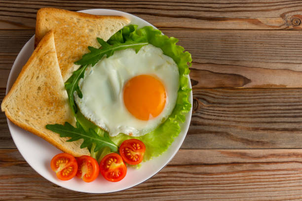 istock fried egg with tomatoes, salad, arugula and triangle toasts on wooden rustic background, with right copy space 1293420997