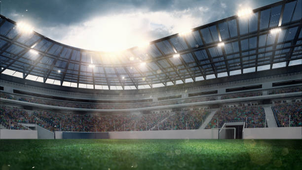 Soccer field with illumination, green grass and cloudy sky, background for design or advertising Soccer field with illumination, green grass and cloudy sky, background for design or advertising. 3D-model. Copyspace to insert your image or text. Concept of sport, active lifestyle, buildings. stadium advertising stock pictures, royalty-free photos & images