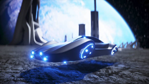 istock flying car in the City on the moon, base, colony. 3d rendering. 1293423013