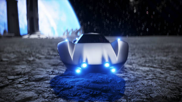 istock flying car in the City on the moon, base, colony. 3d rendering. 1293423016