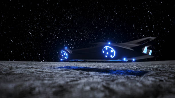 istock flying car in the City on the moon, base, colony. 3d rendering. 1293423027
