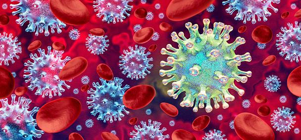 New Coronavirus variant outbreak and covid-19 virus cell mutation spread and influenza background as dangerous flu strain as a pandemic medical health risk concept with disease cells as a 3D render