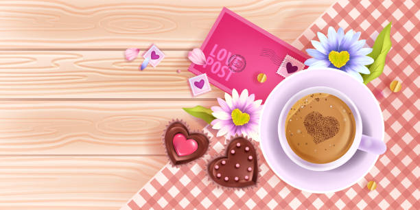 발렌타인 데이 러브 카드, 나무 테이블 상단 보기, 커피 컵, 카모마일, 분홍색 봉투 배경. - dessert morning creativity romance stock illustrations