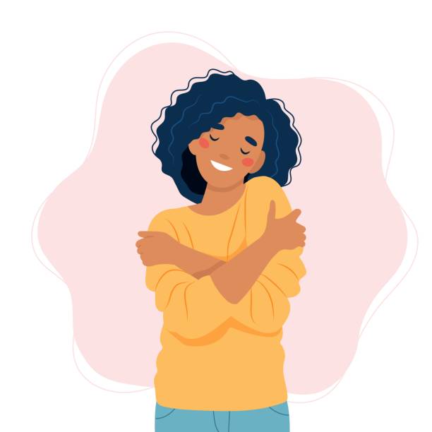 ilustrações, clipart, desenhos animados e ícones de conceito de amor próprio, mulher abraçando-se, ilustração vetorial em estilo plano - hug
