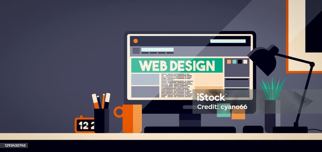 Web Designer Work Desktop With Computer Stock Illustration - Download ...