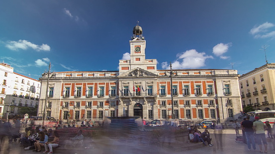 The Old Post Office (1766-68) building timelapse , currently the seat of the Presidency of the Madrid Community. Located in the Puerta del Sol. Madrid, Spain