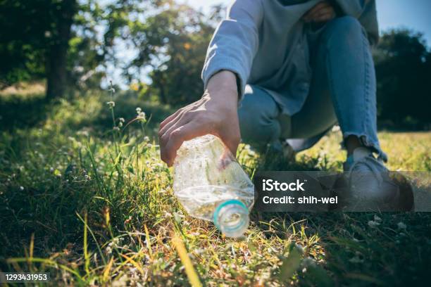 Woman Hand Holding Garbage Bottle Plastic Putting Into Recycle Bag For Cleaning Stock Photo - Download Image Now