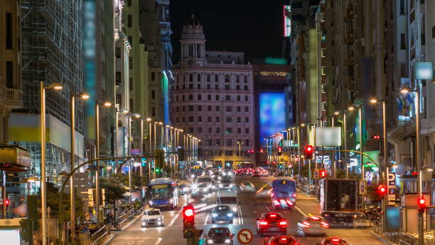 istock Madrid, Spain cityscape on Gran Via at twilight timelapse 1293431960