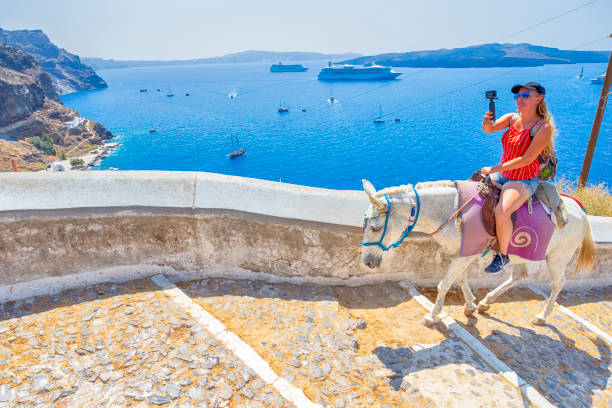 Thira, Greece - 23 August, 2018, People Having Fun While Ascending on Mules as a Tourist Attraction in Thira (Fira) the Capital of Santorini island on 23 of August, 2018, in Greece