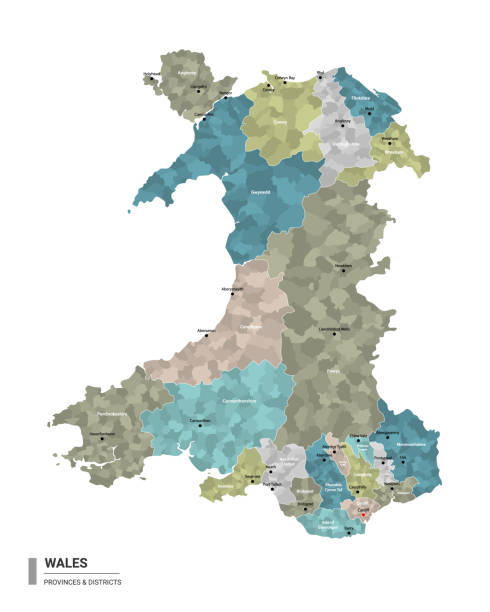уэльс higt подробную карту с подразделениями. административная карта уэльса с названиями округов и городов, окрашенных штатами и администра� - wales stock illustrations