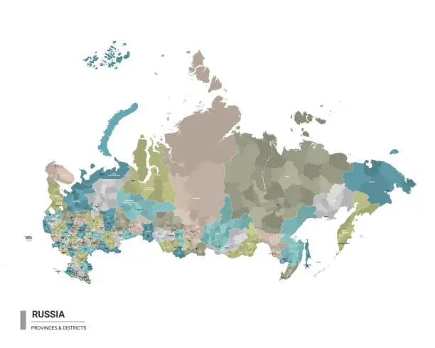 Vector illustration of Russia higt detailed map with subdivisions. Administrative map of Russia with districts and cities name, colored by states and administrative districts. Vector illustration.