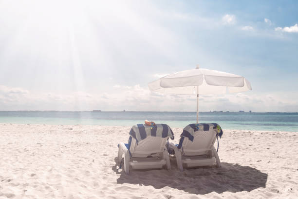 istock Sun umbrellas and beds at seaside 1293434905